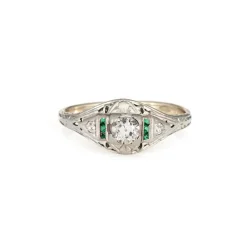 Bague Art déco vintage en or blanc 14 carats avec diamants et émeraude