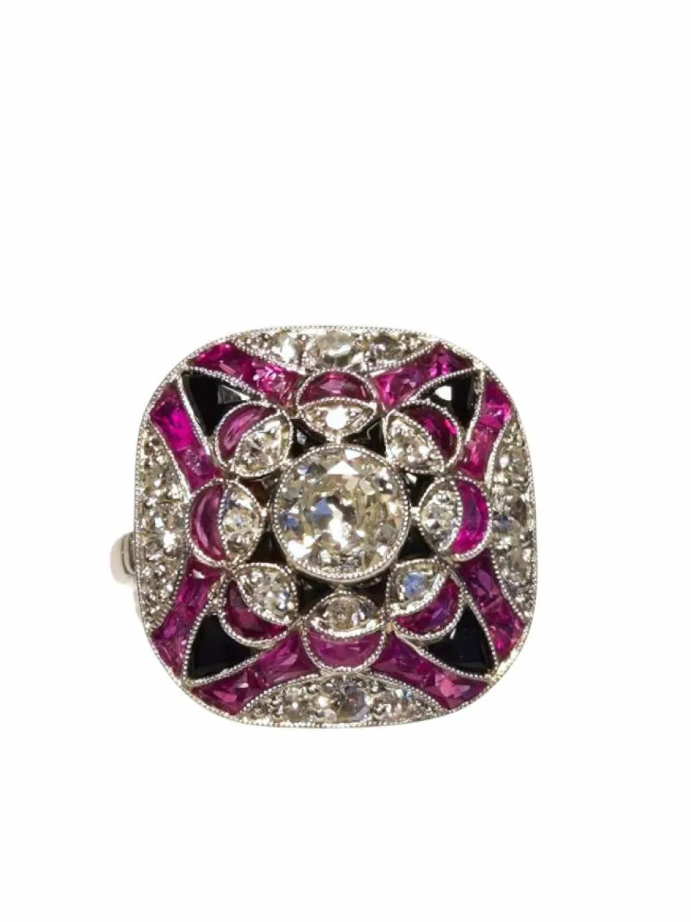 Bague Art Déco vintage en platine avec diamants, rubis et onyx