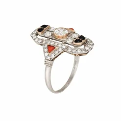Bague Art Déco vintage en diamant, corail, onyx et platine