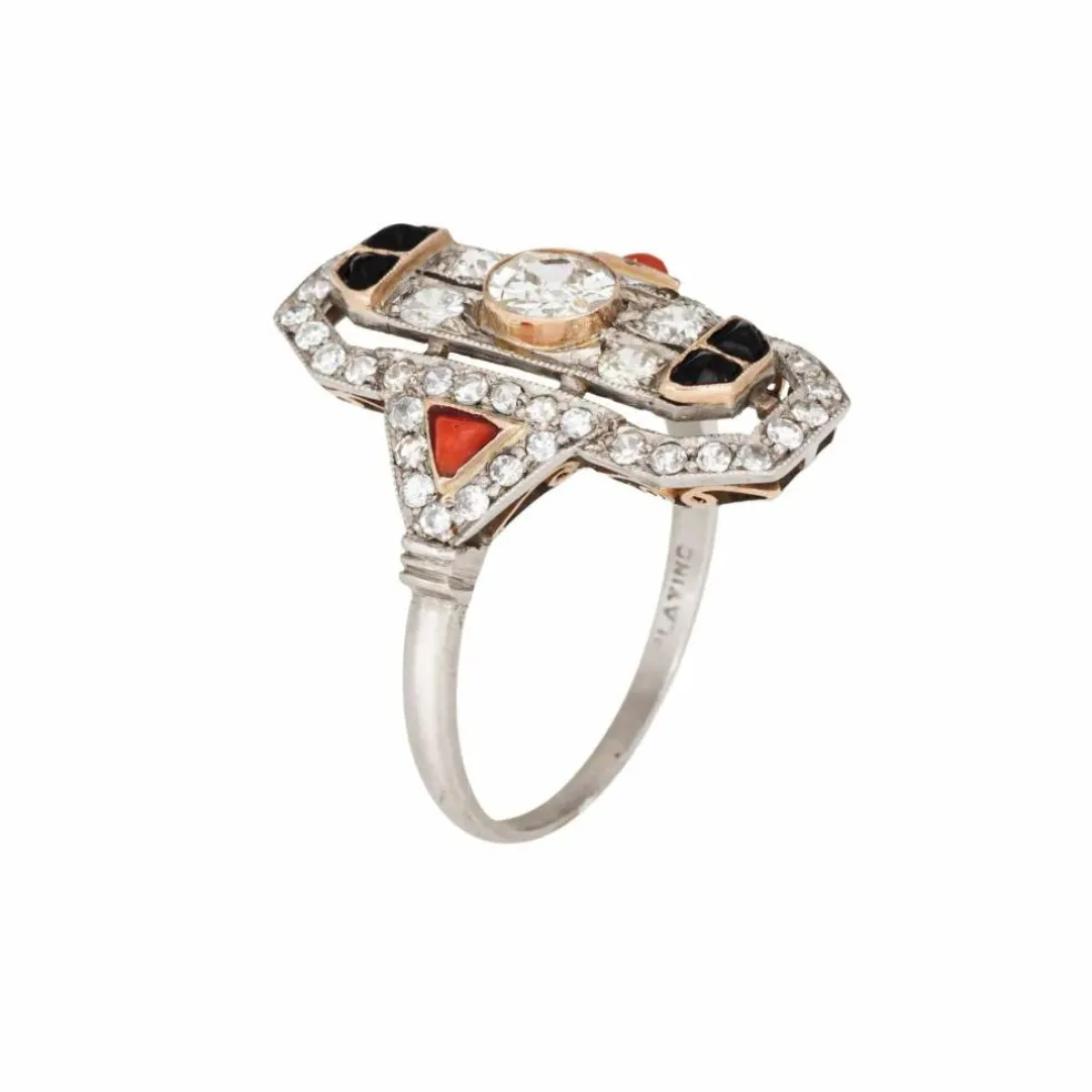 Bague Art Déco vintage en diamant, corail, onyx et platine