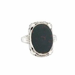Bague Art Déco Vintage Jaspe Sanguin en Or Blanc Filigrané