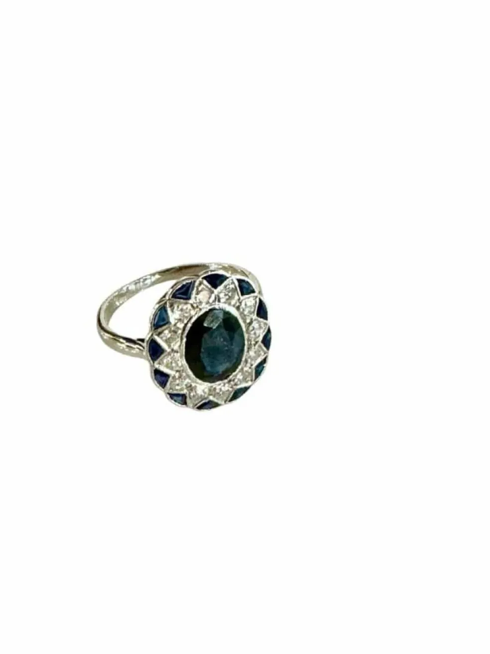 Bague Art Deco en Or, Platine, Saphir et Diamants
