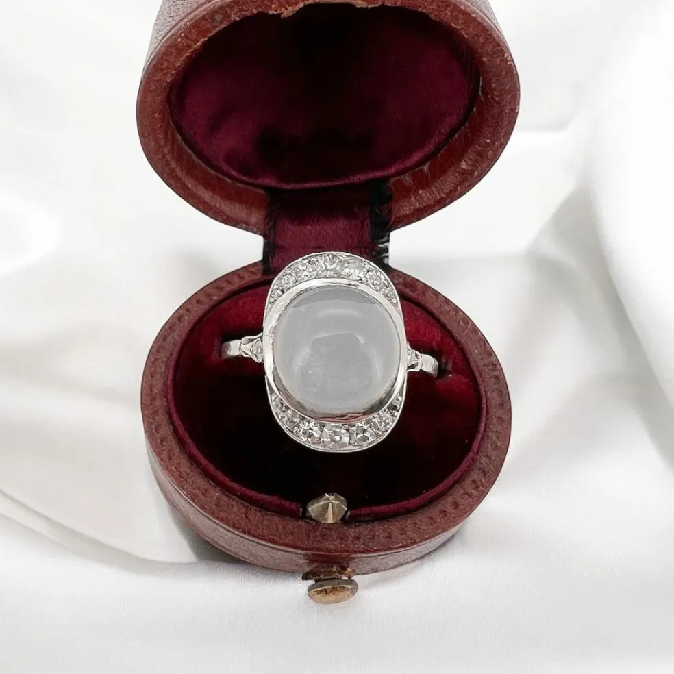 Bague Art Deco Or blanc Pierre de Lune Diamants