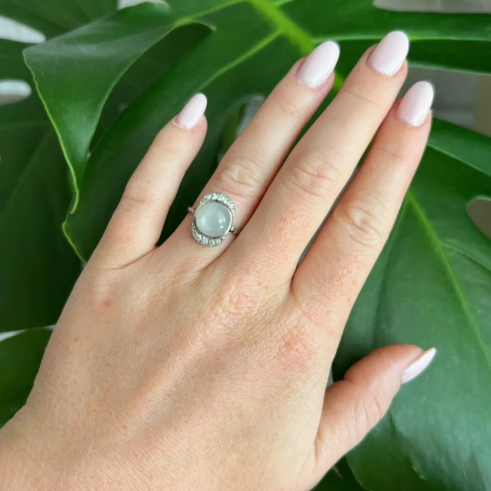 Bague Art Deco Or blanc Pierre de Lune Diamants