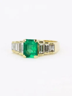 Bague Art Deco or jaune diamants emeraude colombienne Muzo 1,9 carat