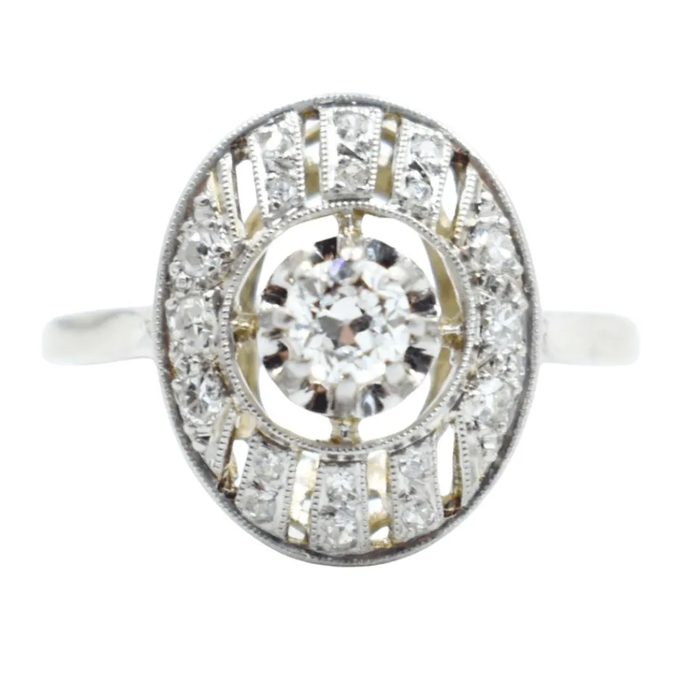 Bague Art Deco or platine et diamants