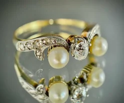 Bague Art Nouveau décor de fleur de Lys en argent sur or