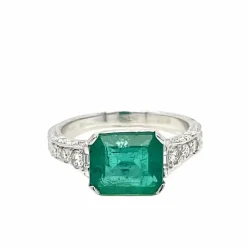 Bague Art Nouveau Diamant Émeraude en or blanc