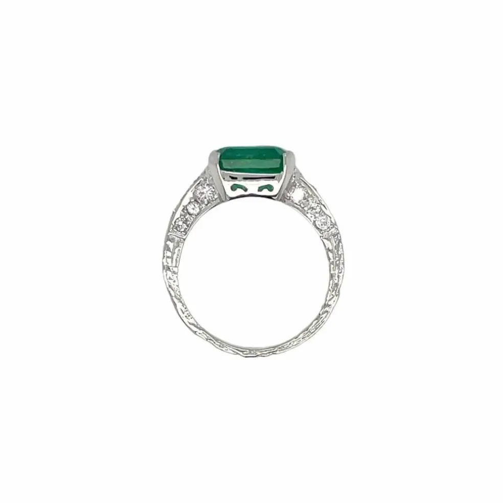 Bague Art Nouveau Diamant Émeraude en or blanc