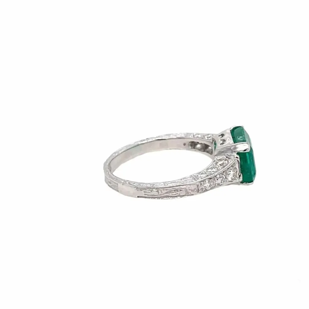 Bague Art Nouveau Diamant Émeraude en or blanc