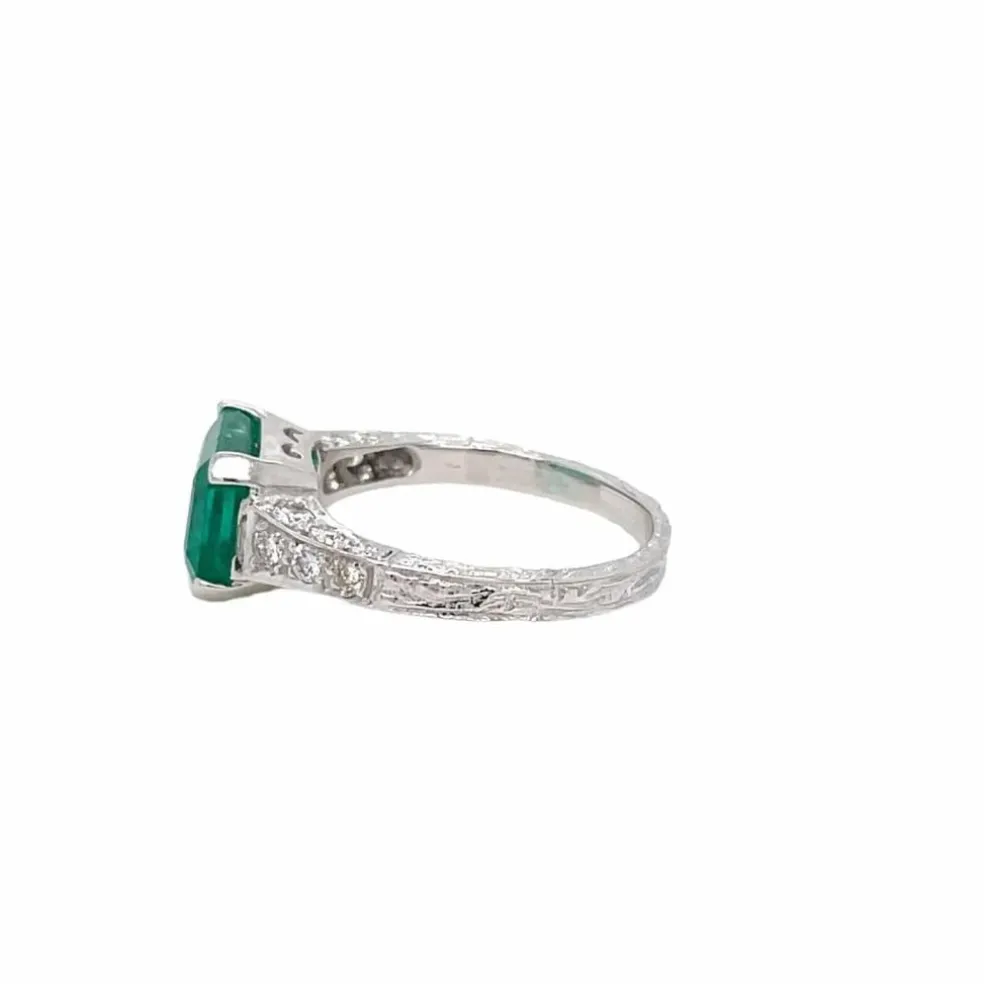 Bague Art Nouveau Diamant Émeraude en or blanc