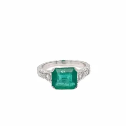 Bague Art Nouveau Diamant Émeraude en or blanc