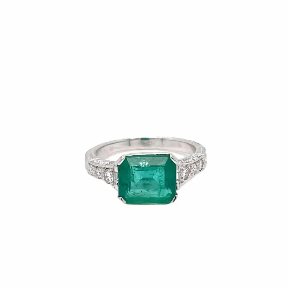 Bague Art Nouveau Diamant Émeraude en or blanc