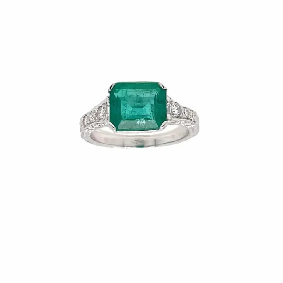 Bague Art Nouveau Diamant Émeraude en or blanc