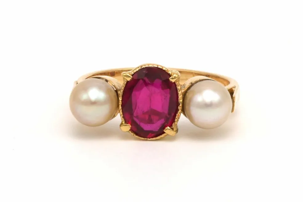Bague Art Nouveau en or jaune 18 carats sertie d'une tourmaline et de perles