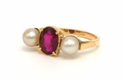 Bague Art Nouveau en or jaune 18 carats sertie d'une tourmaline et de perles
