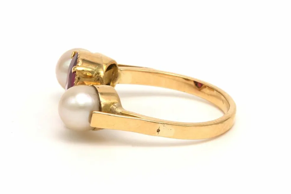 Bague Art Nouveau en or jaune 18 carats sertie d'une tourmaline et de perles