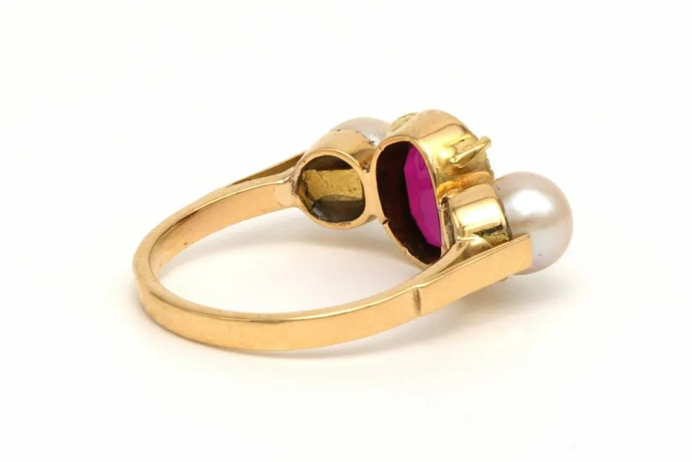 Bague Art Nouveau en or jaune 18 carats sertie d'une tourmaline et de perles