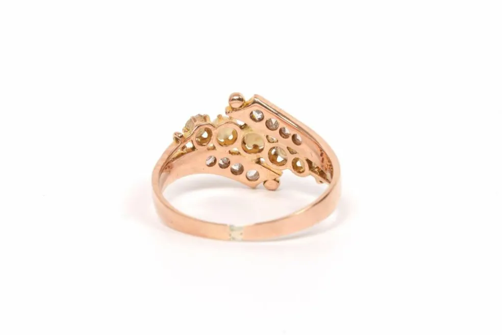 Bague Art Nouveau or jaune, perles et diamants taille rose