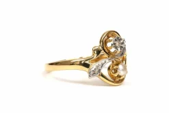 Bague Art Nouveau or jaune, perle, diamants