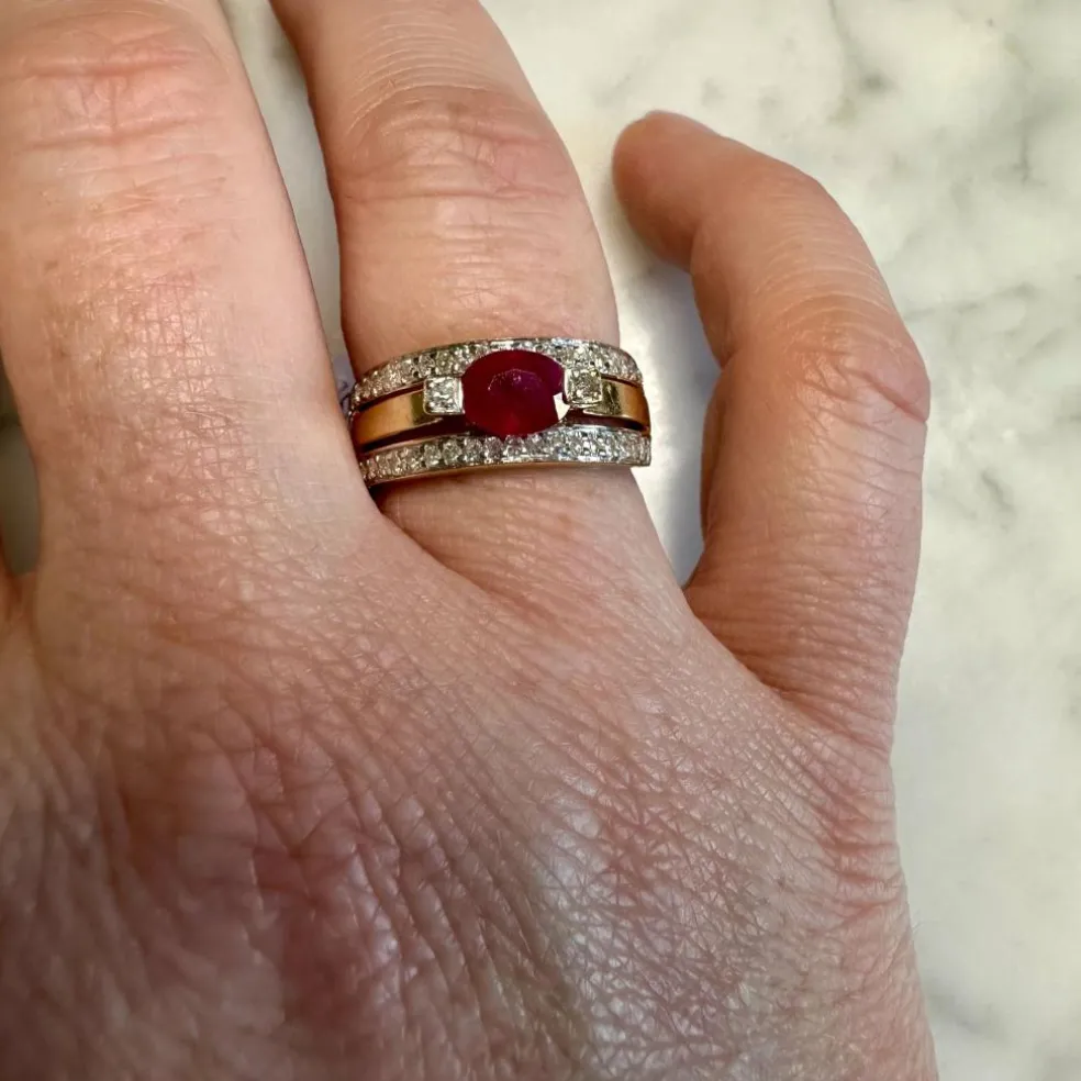 Bague bandeau 2 Ors Rubis Diamants