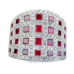 Bague bandeau cocktail Or blanc Rubis Diamants