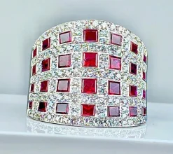Bague bandeau cocktail Or blanc Rubis Diamants