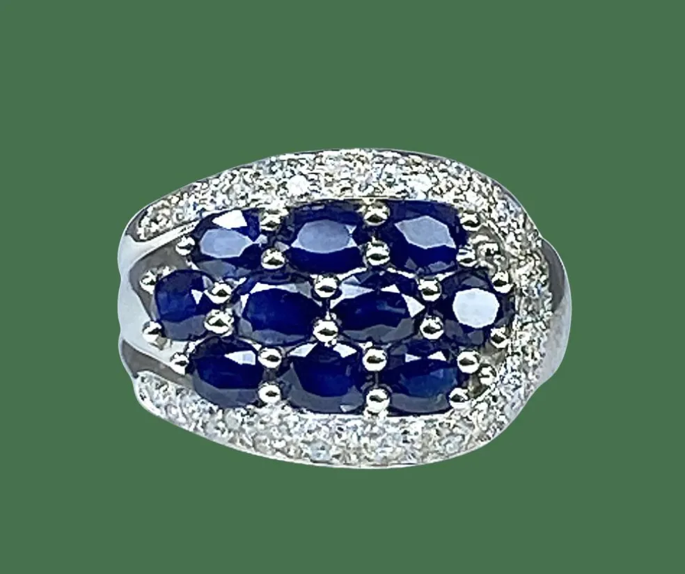 Bague bandeau en or blanc 10 saphirs et diamants