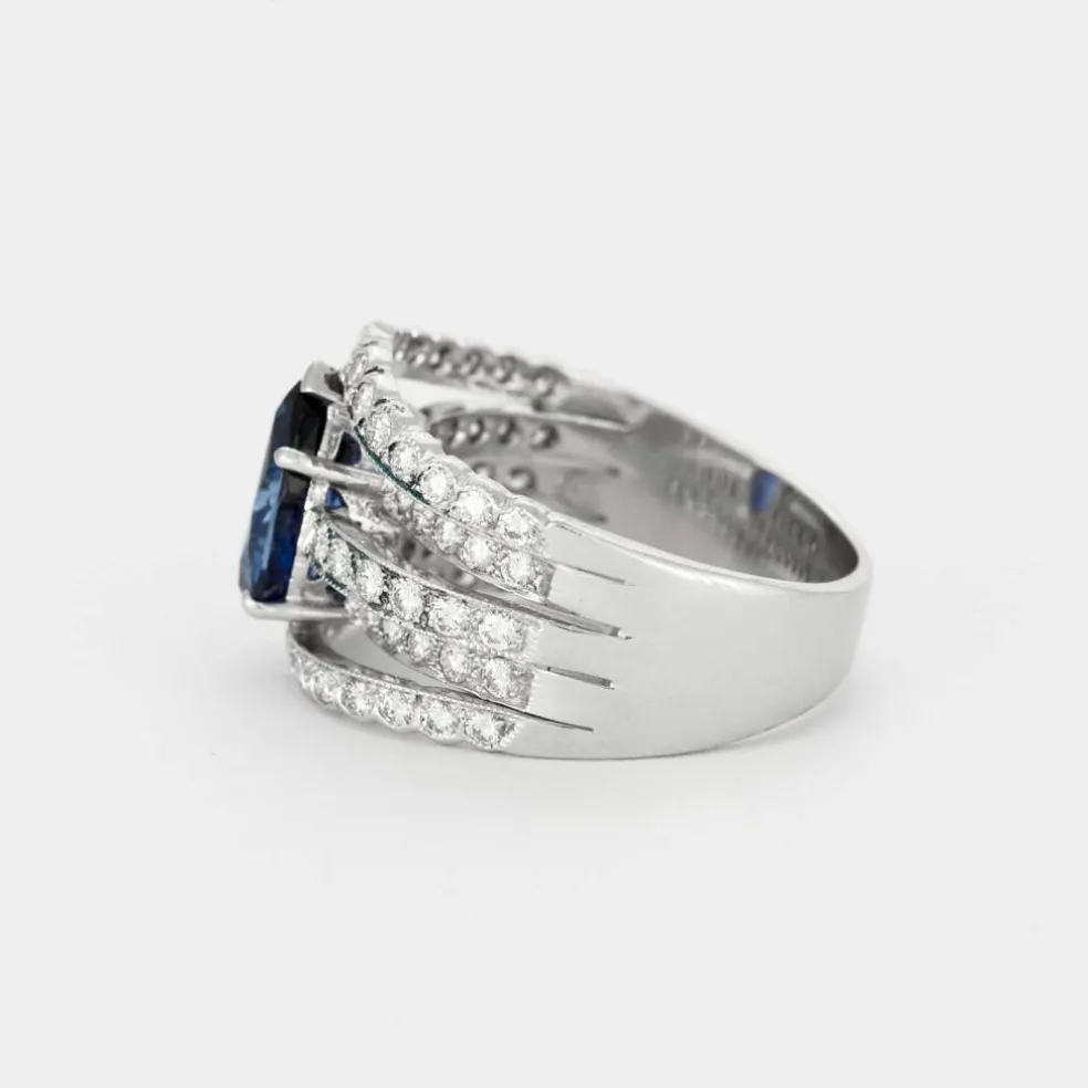 Bague bandeau or gris, saphir et diamants