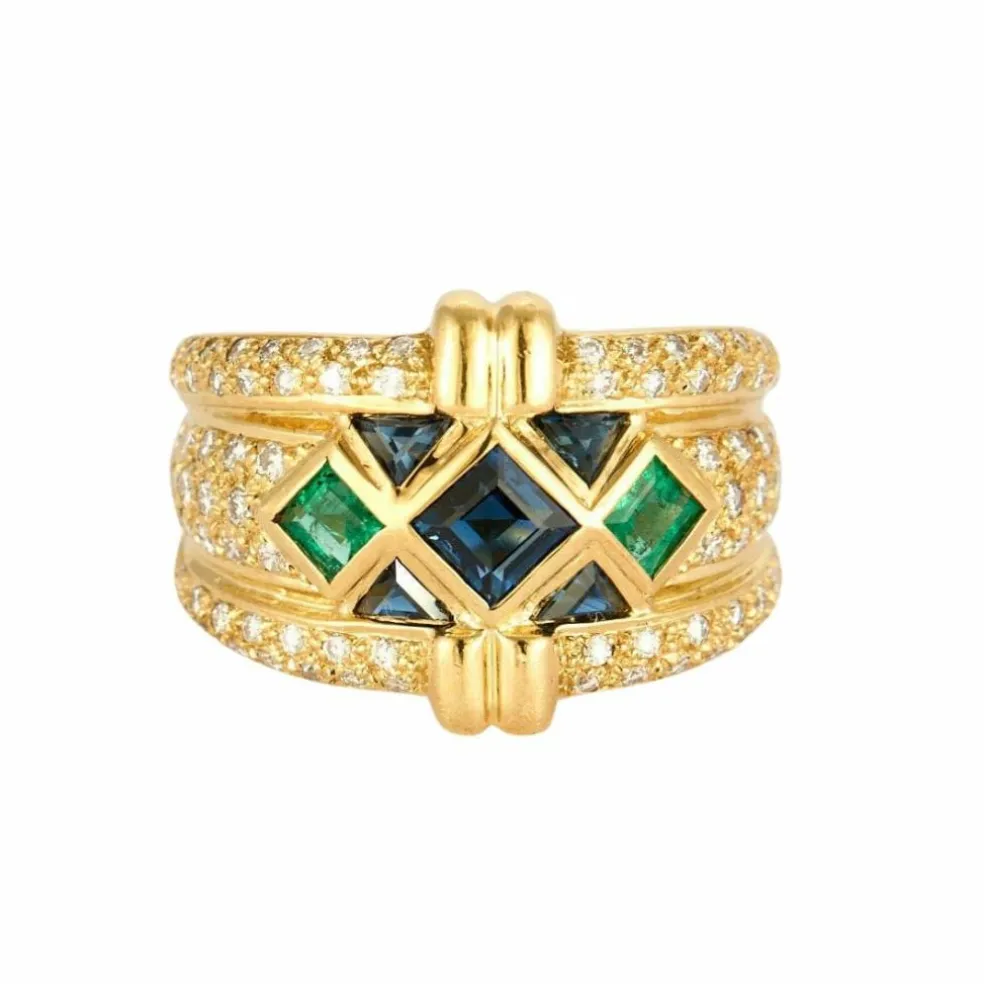 Bague bandeau or jaune, saphirs, émeraudes et diamants