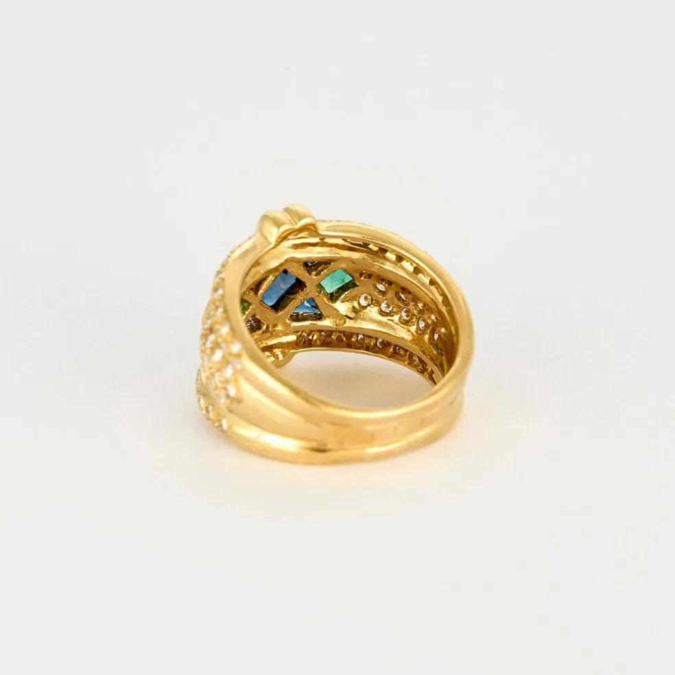 Bague bandeau or jaune, saphirs, émeraudes et diamants