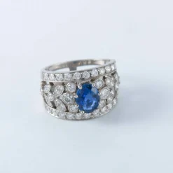 Bague bandeau platine, saphir et diamants