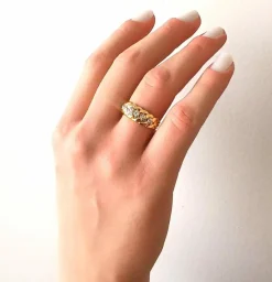 Bague bandeau tresse or jaune, or gris et diamants