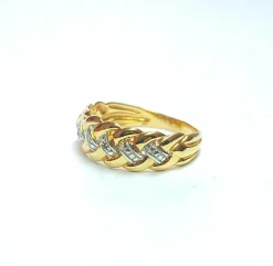 Bague bandeau tresse or jaune, or gris et diamants