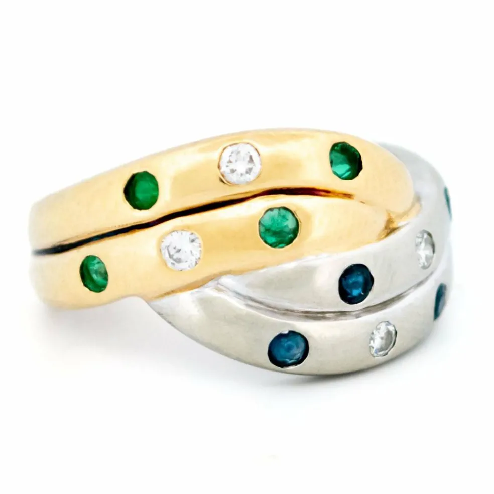 Bague bicolore diamants émeraude saphirs