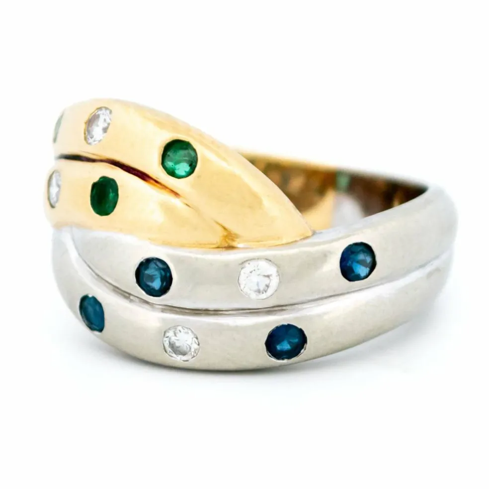 Bague bicolore diamants émeraude saphirs