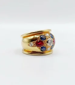 Bague bombée 1960 or, diamant saphirs, rubis