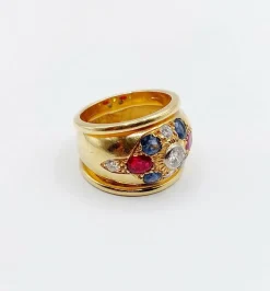Bague bombée 1960 or, diamant saphirs, rubis