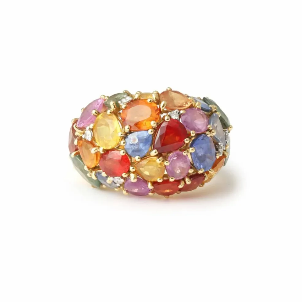 Bague Bombée or jaune, saphirs multicolores , 6 carats de diamants