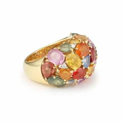Bague Bombée or jaune, saphirs multicolores , 6 carats de diamants