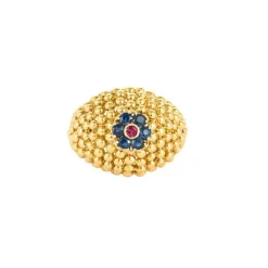 Bague boule vintage en or jaune 18K sertie de 6 saphirs et d'un rubis