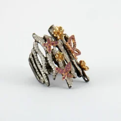 Bague Branche Papillons Saphirs roses et jaunes Diamants