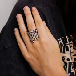 Bague Branche Papillons Saphirs roses et jaunes Diamants