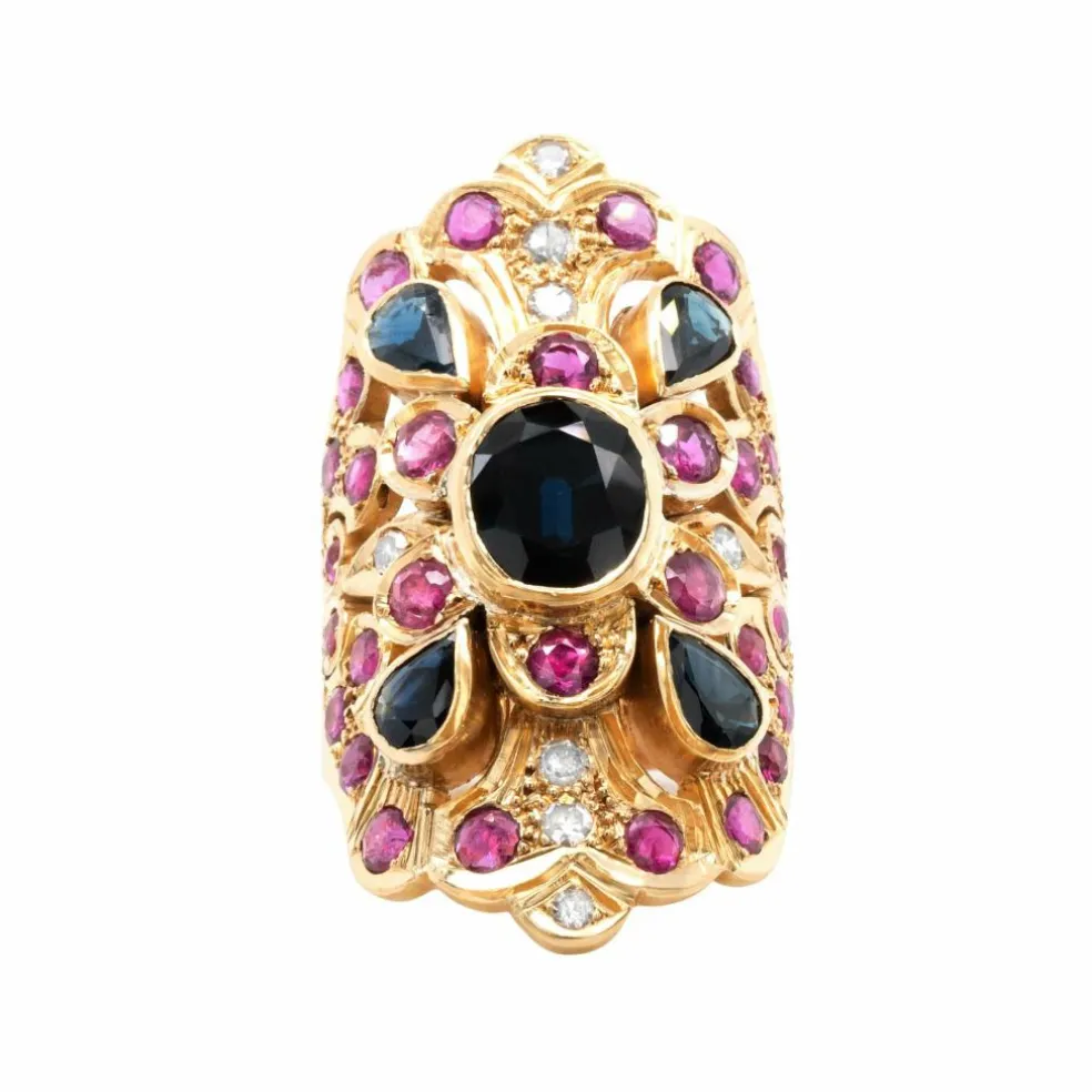 Bague Brillant Or Jaune, Saphir et Rubis