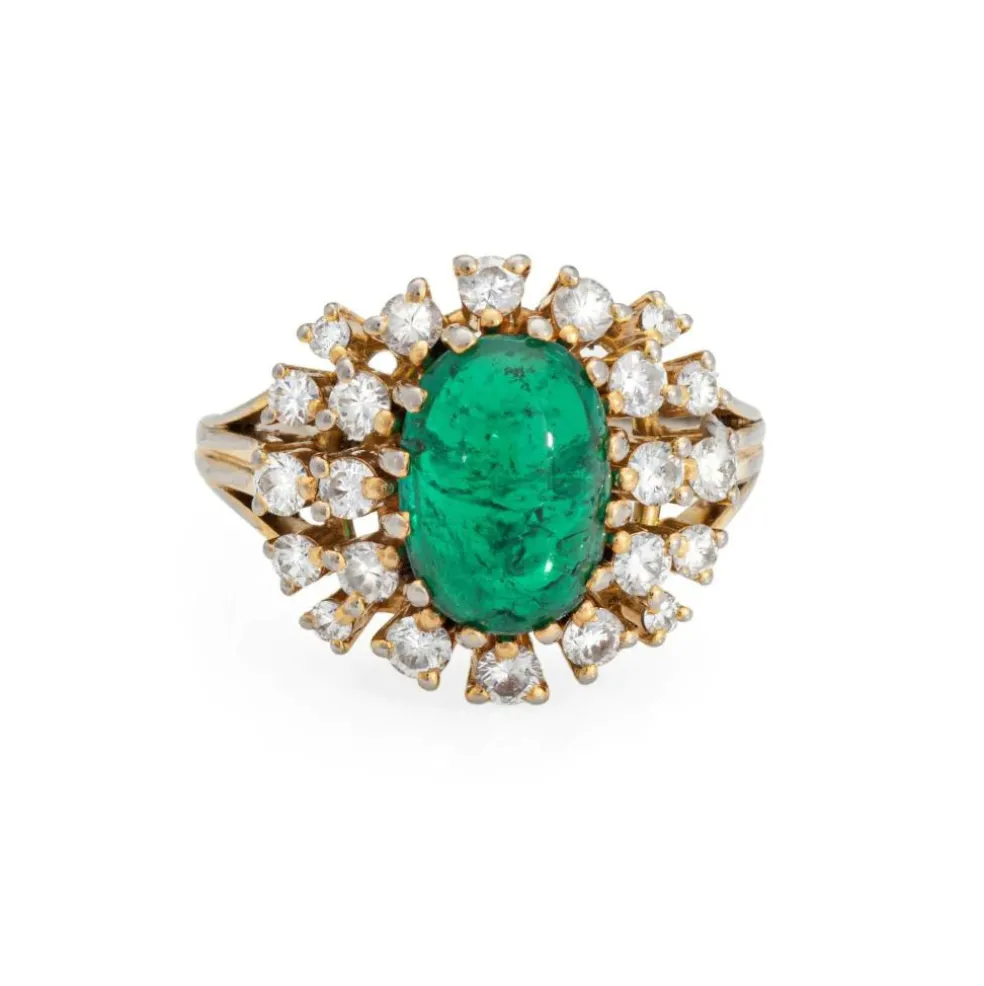 Bague cabochon en diamant émeraude, bague de fiançailles en or vintage avec pierres précieuses