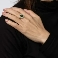 Bague cabochon en diamant émeraude, bague de fiançailles en or vintage avec pierres précieuses