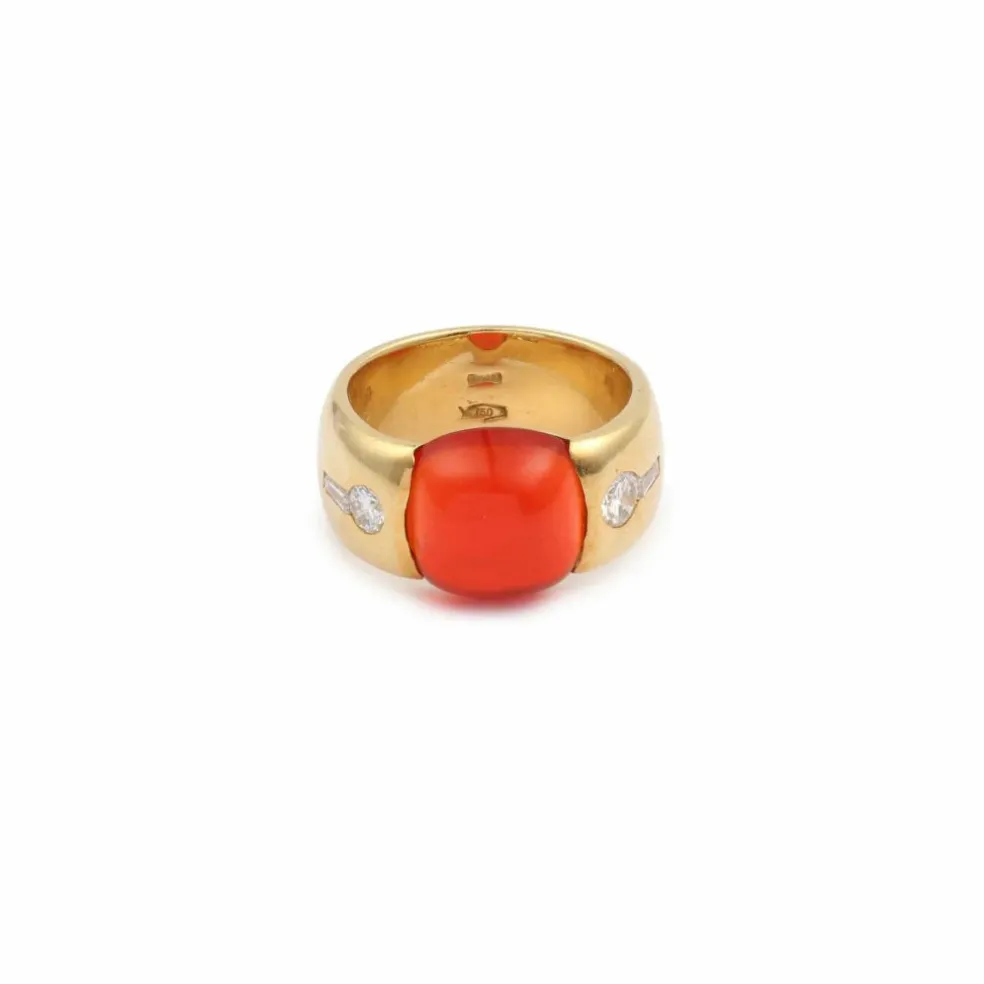 Bague cabochon opale de feu diamants or jaune