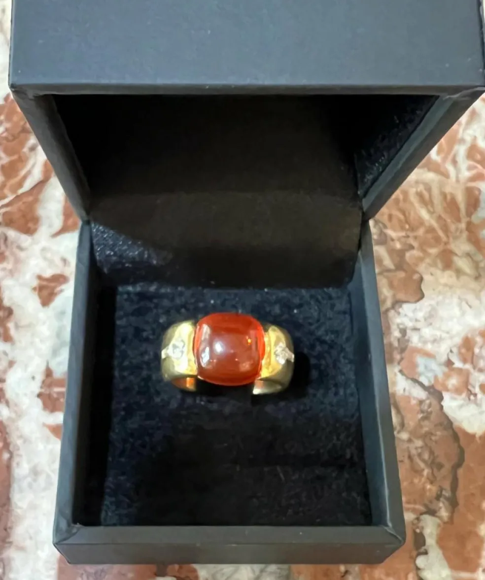 Bague cabochon opale de feu diamants or jaune