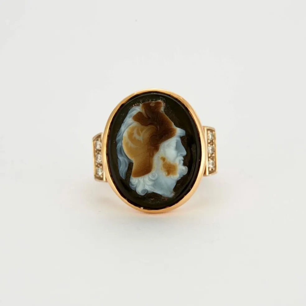 BAGUE CAMEE FIN ANCIEN ONYX OR DIAMANTS