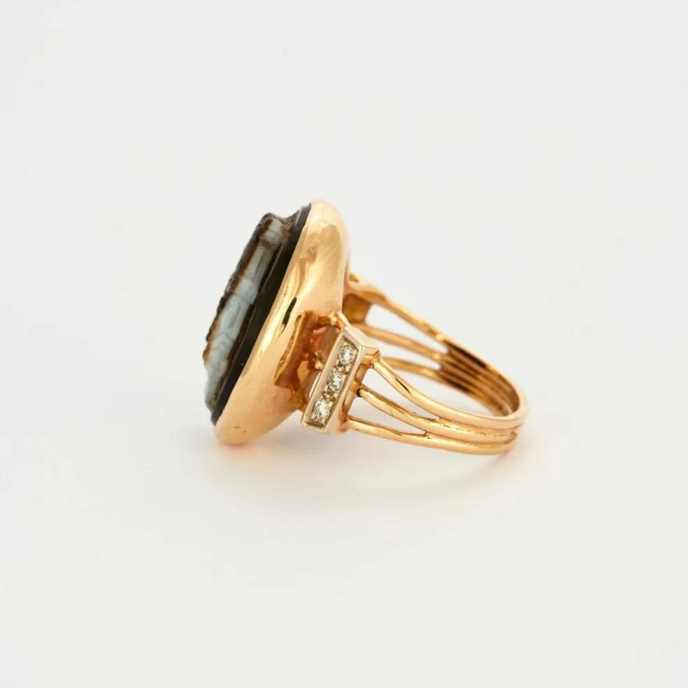 BAGUE CAMEE FIN ANCIEN ONYX OR DIAMANTS